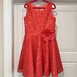 New no tags! Elegant sparkly Coral Lace girls Dress w/ large flower. Size 14